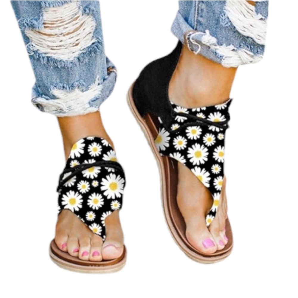 Boho Gladiator Sandals Sunflower Print Thong Flat Ankle Strap Women’s Size 8.5